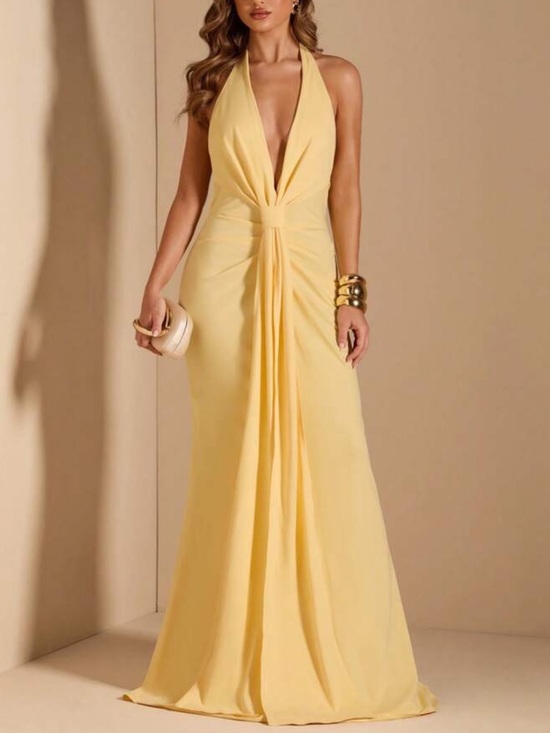 Dresses & Skirts - Yellow Halter Maxi Dress with Deep V-Neck